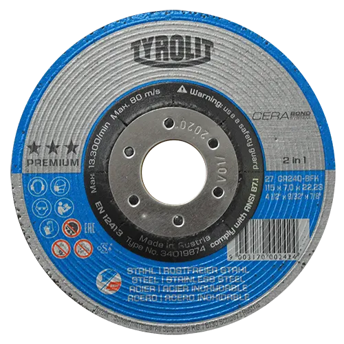 DISCO DE DESBASTE TYROLIT CERABOND DE 115 x 7.0 x 22.23 MM, 2 EN 1